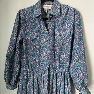Vintage 1980s Schrader Petite Paisley Shirt Dress Pleated Skirt Size 10P